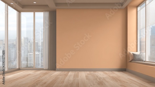 Interior room with expansive windows showcasing a cityscape view and warm colored walls