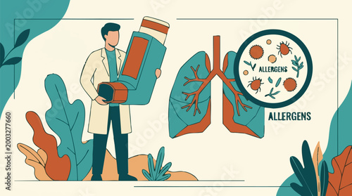 Asthma and Allergy Concept with Person Holding Inhaler, Lungs, and Allergens