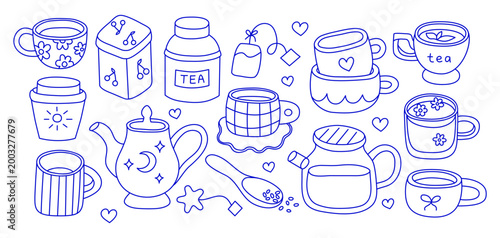 Set of lovely hand drawn tea drinks in mugs and teapots in Mediterranean line art style isolated on white background. Doodle outline glass kettle, ceramic mugs, caddy, infuser spoon, take away cup.