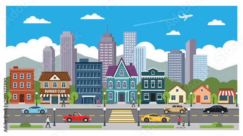 Colorful flat design city landscape with various buildings and transportation on blue sky.