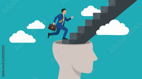 Businessman climbing stairs out of head, symbolizing mental growth and ambition