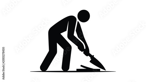 Stick figure cutting wood with knife, symbol of manual labor or craftsmanship.