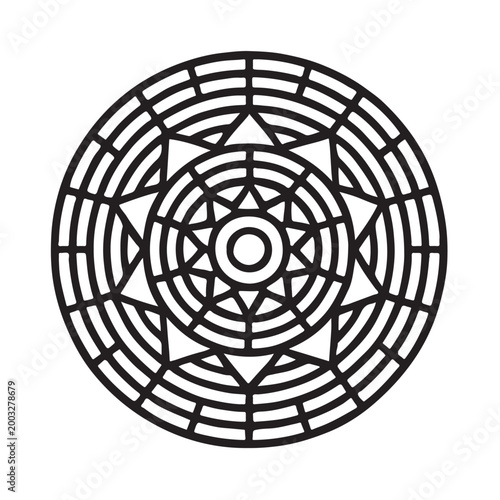 Black and white circular mandala pattern line art design
