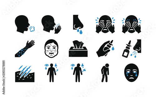 Collection of icons illustrating various allergy symptoms and treatments