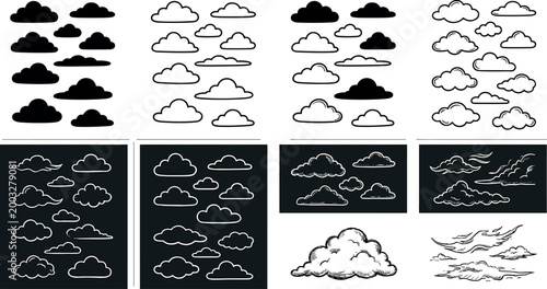 Mega set of cloud vector illustrations featuring silhouettes outlines hand drawn sketches and minimalist weather iconsMega set of cloud vector illustrations featuring silhouettes