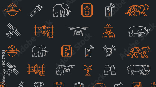 Anti-poaching technology icons and wildlife management symbols arranged in a sophisticated seamless repeating pattern for