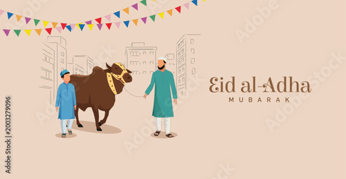 Eid Al Adha Celebration of Muslim holiday Background. The sacrifice a cow Eid-al-adha concept Islamic vector illustration.