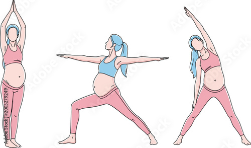 Pregnant Woman Yoga Poses Cartoon Vector Set with Prenatal Stretching, Fitness Exercises, Balance, and Healthy Maternity Lifestyle for Wellness Design.