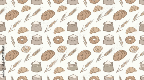 Bakery items including bread, pastries, and wheat symbols arranged in a warm food theme with evenly distributed repeating elements