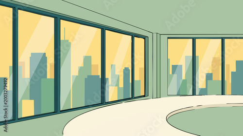 Modern office interior with panoramic city skyline view illustration