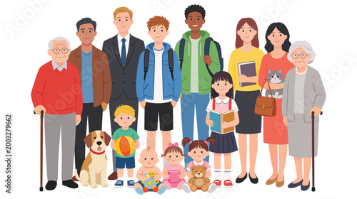 Diverse group of people of different ages and ethnicities standing together flat vector art.