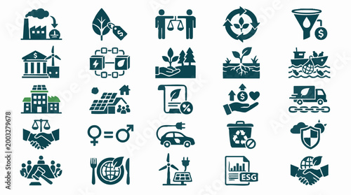 Sustainability and Environmental Social Governance (ESG) Concept Icons Set