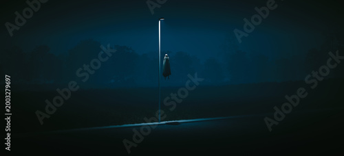 Ghost Floating Phantom Spirit Apparition Under Streetlight on Dark Road Eerie Night Atmosphere 3D Illustration