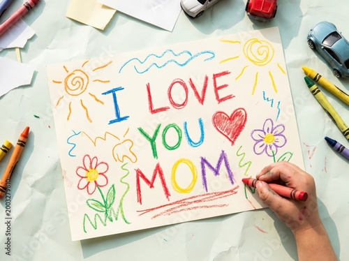 Childs hand drawing a colorful i love you mom card with crayons and toy cars on a table