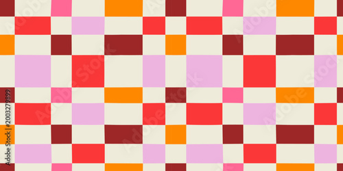 Colorful geometric mosaic seamless pattern. Abstract square patchwork background illustration. Creative irregular grid shape wallpaper print.