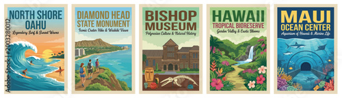 Vintage hawaii travel poster set. Including north shore oahu, diamond head, bishop museum, tropical bioreserve, and maui ocean center. Retro vector illustration.