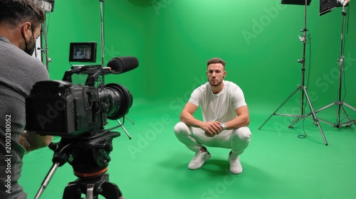 Behind the Scenes: A man sits on a vivid green screen in a professional studio setup, as a cameraman prepares to capture the next shot.