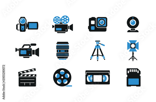 Collection of modern and vintage video production equipment icons