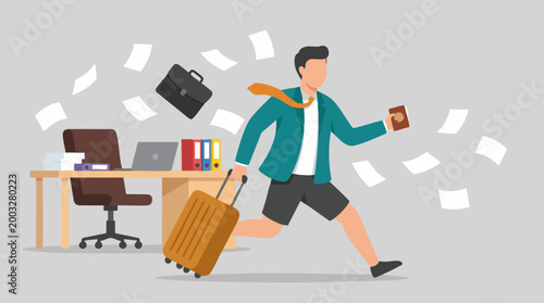 Excited man rushing from office for vacation with passport and suitcase