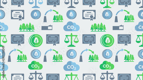 Carbon credit icons and emissions trading symbols integrated into a sleek seamless repeating pattern for environmental market