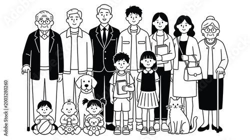 Diverse family members of different generations with pets standing together portrait.