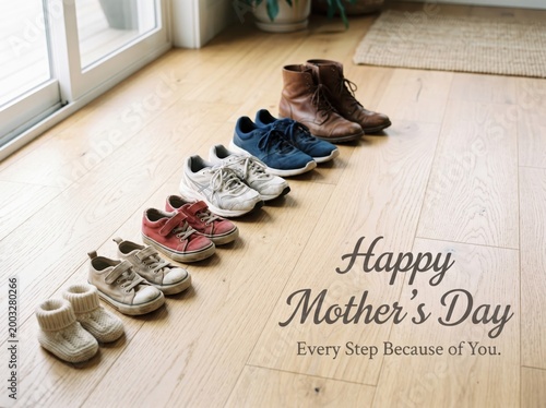 A row of shoes of different sizes from baby booties to adult boots on a wooden floor for mothers day