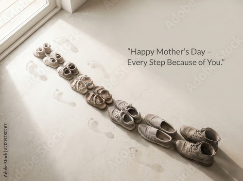 A conceptual image for mothers day showing a trail of shoes growing in size from baby booties to adult boots, representing a childs growth and journey