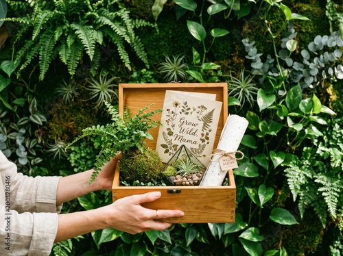 A person holding a wooden gift box filled with a fern kokedama, a small geometric terrarium, a greeting card, and a roll of seed paper against a lush green plant wall
