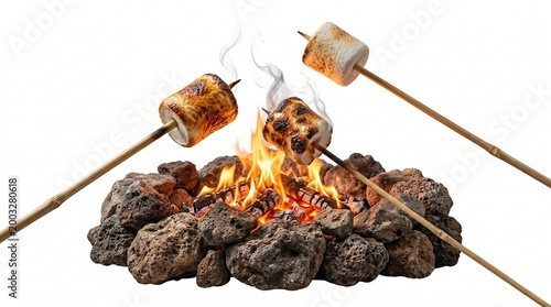 Marshmallows roasting on wooden stick over open campfire. Sweet food item cooking on hot flame of bonfire in summer. Outdoor camping activity and dessert preparation concept.