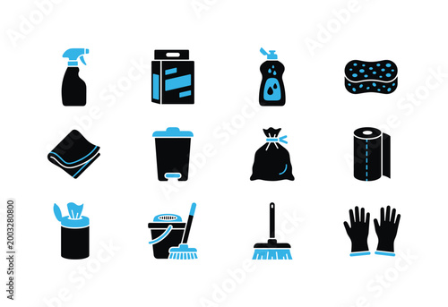 Collection of cleaning supplies icons for household chores and hygiene