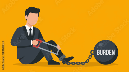 Businessman cutting chain from 'BURDEN' ball, symbolizing problem-solving