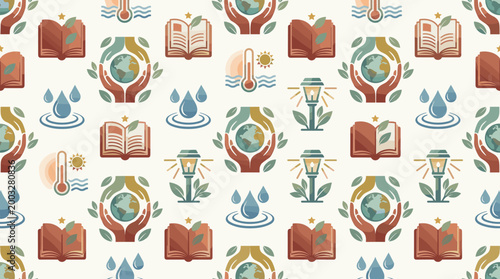 Climate education icons and global awareness symbols integrated into a sleek seamless repeating pattern for non-profit concepts.