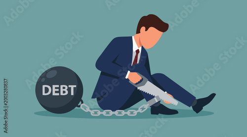 Businessman cutting chain to break free from debt, financial freedom concept