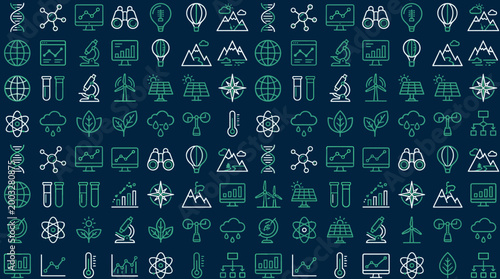 Climate research icons and environmental data symbols arranged in a sophisticated seamless repeating pattern for university themes