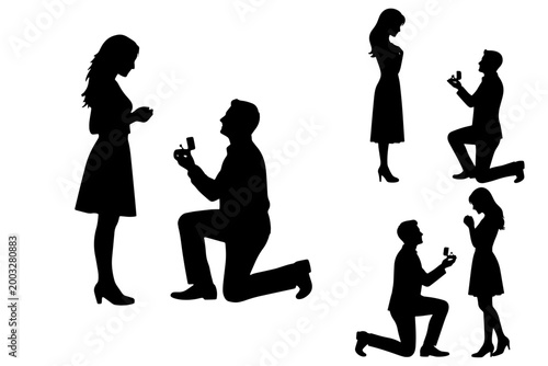 Man Proposing to Woman Silhouette Vector Set Marriage Proposal Illustration
