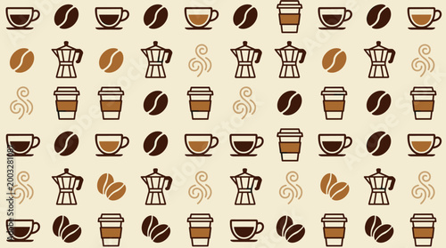 Coffee culture elements and cafe equipment icons arranged in a sophisticated seamless repeating pattern for beverage themes.