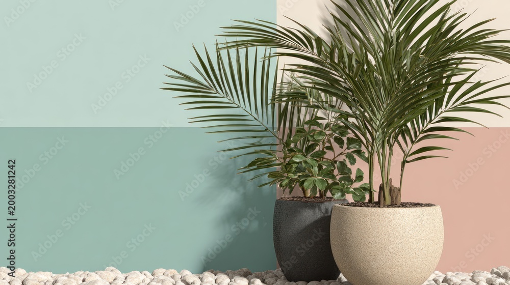 Obraz premium Indoor potted tropical foliage placed on white pebbles against a pastel color block background