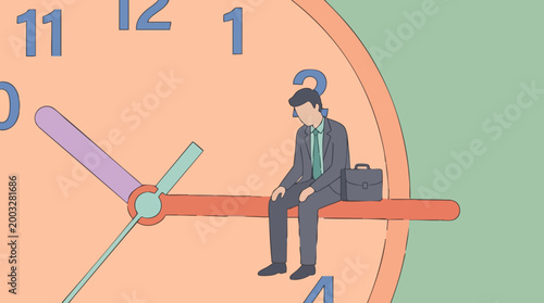 Tired Businessman on Clock Hand Representing Work Pressure and Time Strain