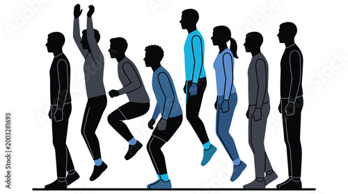 Sequence of silhouettes showing man jumping from standing to crouching position then leaping up.