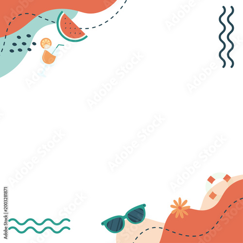 Fond estival abstrait avec formes organiques et icônes minimalistes. Grand espace texte idéal pour réseaux sociaux, affiches et visuels marketing.