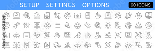 Settings thin line icons set. Setup and options icon. Editable stroke. Vector