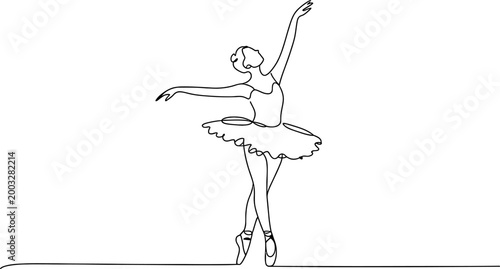 Elegant ballerina dancer performing a graceful dance pose in a continuous single line art style drawing for minimalist modern interior wall art and creative decor