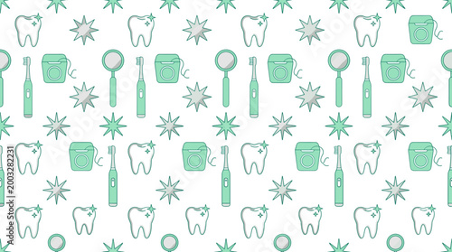 Dental care icons and oral hygiene symbols arranged in a sophisticated seamless repeating pattern for dentistry themes.
