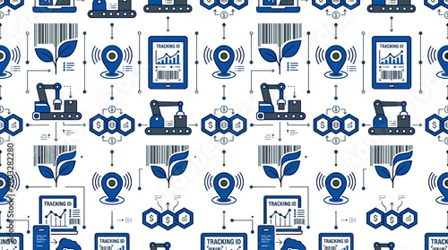Digital logistics management icons and sustainable trade symbols arranged in a sophisticated seamless repeating pattern for