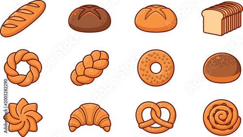 Cartoon Vector Illustration Set of Assorted Bakery Products Including Baguette Croissant Bagel Pretzel and Sliced Bread Isolated on White