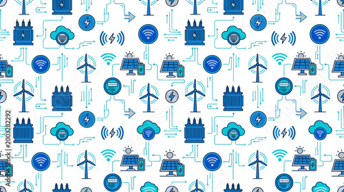 Digital power management icons and energy flow symbols forming a continuous seamless pattern for smart grid technology materials.
