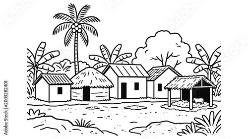 Black and white coloring page showing a peaceful village scene with houses and nature.