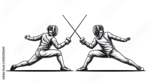 Fotografía Fencing illustration with two athletes dueling in combat sport pose