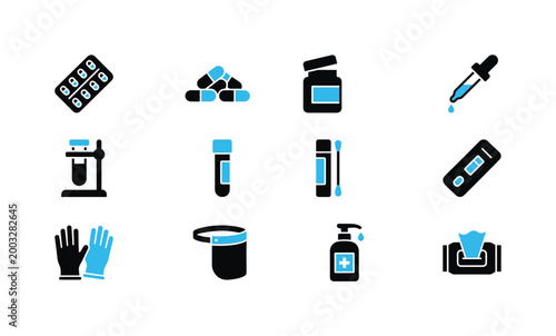Medical and health care icons representing various health and safety supplies