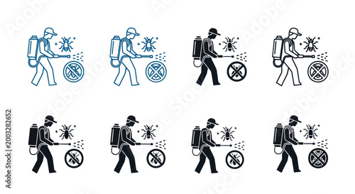 Tableau sur toile Pest control icons set with exterminator spraying insects